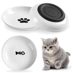 Pavlleen 3 Stück Katzennapf Keramik, mit Rutschfestem Gummiboden,Flacher breiter Futter- und Wassernapf für Kätzchen, Anti Whisker Fatigue Katzengeschirr Set, für Katzen und Kleintiere