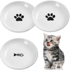 Keramik Katzennapf 3er Set, Weiß - Futternapf Katzen Flach mit Rutschfestem Silikonring für Perser & Flachgesichter - Spülmaschinenfest, Hygienisch