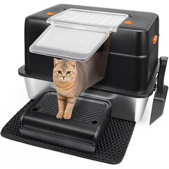 Vivifying Katzenklo Edelstahl mit Deckel, XL Leicht zu Reinigen und Geruchsresistent Katzentoilette Edelstahl, Rostfreier Stahl Katzenklo mit Pedals, Schaufel und Matte (Schwarz)