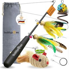buddypaws® Katzenangel stabil mit 4 Anhängern & Katzenminze – Ausziehbar 42-104 cm – Flexibles Glasfasermaterial – Katzenspielzeug Set mit Ersatzschnur – Spielangel für Katzen - Cat Toys