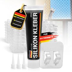 Juncture® 60 Klebehaken & 100ml Silikonkleber und 3 Dosierspitzen, Zur Katzennetz für Balkon (ohne Bohren), Katzenschutznetz schnell befestigt Dank Stabiler Klebehaken für Balkon, Fenster & Terrasse
