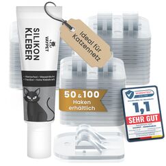 VAYPET® 100 Klebehaken transparent & Silikonkleber [60ml] zur Befestigung vom Katzennetz für Balkon ohne Bohren I Katzennetz ohne Bohren schnell befestigt Dank Stabiler Klebehaken Outdoor wetterfest