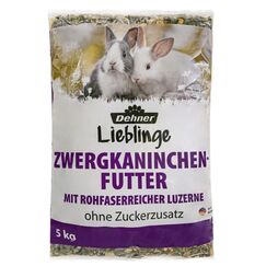 Dehner Zwergkaninchenfutter | Kaninchenfutter in Markenqualität, Alleinfuttermittel für Kaninchen, Nagerfutter ohne Zuckerzusatz und Konservierungsstoffe |mit Luzerne und Karotte | Adult | 5 kg