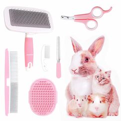 Pflegeset für kleine Tiere, mit Haustier-Ausfallbürste, Bade-Massagehandschuh, Haustier-Pflegekamm, Nagelknipser für Kaninchen, Meerschweinchen, Welpen, Katze, Kätzchen, Hamster, Frettchen (Rosa)
