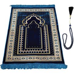 TB Muslimische Gebetsteppich, dick, islamisch, weiche Samt-Matte, Ramadan-Geschenk, mit Gebetsperle, einzigartige Dekoration, goldfarben, bestickt für Frauen, Männer, türkisch, afrikanisch (blau)