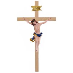 Kaltner Präsente Geschenkidee – Holzkreuz Wandkreuz Kruzifix aus Echtholz Buche Kreuz unbehandelt mit Jesus Christus Figur aus Kunststein handbemalt (Höhe 15 cm)