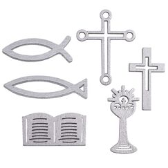 FEPITO 80 Stück Hölzerne Dekorationen Tischdeko Streudeko für Konfirmation Kommunion Silber Kreuz, Fisch, Kelch, Bibel - Größe ca. 3,5 bis 5 cm