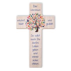Fritz Cox Holzkreuz Lebensbaum | Das besondere Geschenk für unsere Liebsten | Wandkreuz zur Taufe, Kommunion, Geburt | 15 cm