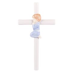 Roman Wandkreuz aus Porzellan, handbemalt, glasiert, 19 cm, Blau