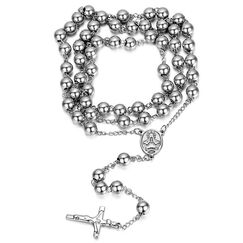 JewelryWe Schmuck Herren Edelstahl Halskette, Rosenkranz Jesus Christus Kruzifix Kreuz Kugelkette Kette, Silber 95cm, mit Geschenk Tüte