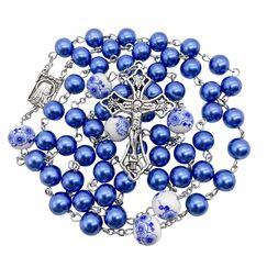 Nazareth Store Rosenkranz mit blauen Perlen, weiße Blumen, Perlen, Halskette, Lourdes-Medaille und Kreuz-Kruzifix, 50 cm, Zink, Blaue Perle