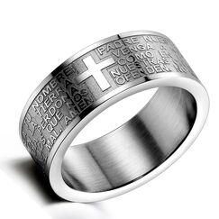 Flongo Kreuz Bibel Herren Ring: Spanische Bibel Gravur Amulett Schutz Christlich Religiös Daumenring Silber Ton Verlobung Bandring Siegelring Spanisch Bibel Kreuz Rosenkranz Ringgröße 68