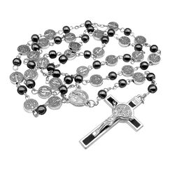 Nazareth Store Heilige Benedikt Hämatit Rosenkranz Metallperlen Katholische Halskette Edelstahl Medaille und Kreuz Heiliges Gebet Rosenkränze Für Männer Frauen