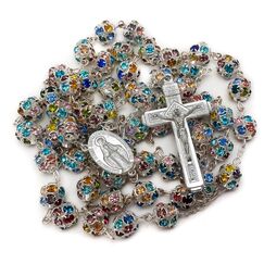 Nazareth Store Bunte Zirkonia-Kristallperlen, Rosenkranz, silberne katholische Halskette mit Wundermedaille, Kreuz, Kruzifix, mehrfarbige Rosenkränze in Samtbeutel (Silver)