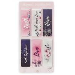 Christian Art Gifts Set of 6 Faith Hope Love Pink Flowers Inspirational Magnetic Bible Verse Bookmark with Scripture, Size Small 2.3" x .75"