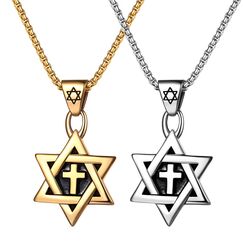 JewelryWe Davidstern Kreuz Halskette Herren: 2er Set Edelstahl Hexagramm Salomon Sechsspitzer Stern Anhänger Amulett Kette Jüdisch Israel Religiös David Schmuck Geschenk für Männer Frauen