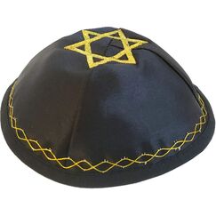 Holy Land Market Jüdische Kippah Yarmulke mit Davidstern, Bestickt, Satin, Blau mit goldenem Stricken (Schwarz mit goldenem Strick)