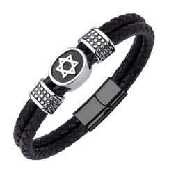 555Jewelry Edelstahl Davidstern geflochten Lederarmband für Herren Schwarz