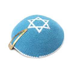 JL Kippah Davidstern, Baumwolle, gestrickt, Türkis / Silber, 15 cm, blau, 85