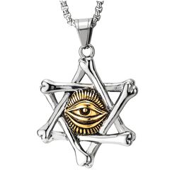 COOLSTEELANDBEYOND Damen Herren Skelett Knochen Davidstern Bösen Blick Anhänger Edelstahl Halskette,Silber Gold, 75cm Weizen-Kette