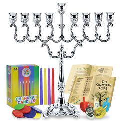 Menorah Hanukkah Set - Chanukka Menora, Kerzen, Dreidels, Spielmünzen und Anweisungen für Chanukka-Feiertage - Versilbert