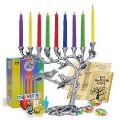 Ner Mitzvah Baum des Lebens Menorah - Antikes Silber, Metall, Chanukka, 20cm hoch, 6cm breit, 8cm tief, 1.96kg, 44 Kerzen, 5 Dreidels, Spielmünzen, Anleitung