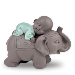 Zen'Light Statue Buddha Bonze Schlafend auf Elefant - Zen-Atmosphäre in Ihrem heiligen Raum - wunderschöne glücksbringende Figur -H 9.5 cm, Braun & Grün