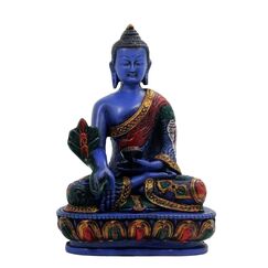 Heilung Lama – Medizin Buddha. Handgefertigt 14 cm hoch Multicolor Blau handbemalt Buddha Figur Skulptur Statue für Frieden und Entspannung.