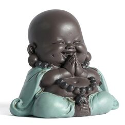 JUJOYBD Kleiner Lachender Buddha, Niedliche Mönch Statue, Keramik Ornamente klein Buddha-Figur, Geschenk Tisch Dekoration, Betende 7.5cm Hoch Grün
