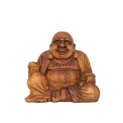 G6 Collection Mini-Statue aus Holz, lachender Buddha, handgeschnitzt, lächelnd, sitzend, Skulptur, handgefertigte Figur, dekorative Heimdekoration, Akzent, handgefertigte Kunst, Happy Buddha (11,4 cm