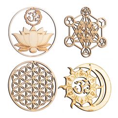 ZenVizion 13,5 cm Heilige Geometrie Wandkunst Set 5 (4 Stück) Yoga Decor (Sacred Lotus Wall Decor, Metatron's Cube, Flower of Life, Union Sun Moon Decor) Kristallgitter, Holz Kunst Symbol, Meditation