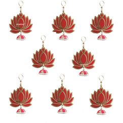 Divyakosh Handgefertigte Wanddekoration, Lotus im Jhumki-Stil, zum Aufhängen, für Heimdekoration, Diwali und alle Festivals, Heimdekoration (6 Stück), Onam Thorana Wandbehang, Dorn, Farbe: Rot