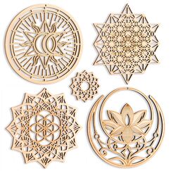 Wandkunst, heilige Geometrie, 13,5 cm, 4-teiliges Set, (Mandala, Buddha Lotus, 64 Stern-Tetraeder, Sonne, Mond und Sterne), Kristallgitter, Meditations-Chakra, Holz-Wandkunst, Yoga-Dekoration,