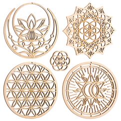 Qallicon 4 Stück Heilige Geometrische Wanddeko 13,5cm (Heiliger Lotus, Blume des Lebens, Mandala Sonnenmond) Kristallgitter Chakra Wanddeko Holz Spirituelles Geschenk