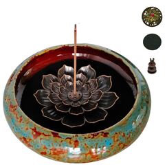 KOPYFANTAP Räucherstäbchen Halter Lotus, Keramik Räuchergefäß mit Messing Kalebassen Räucherstäbchenhalter und Metallabdeckung, Einfach Asche zu Sammeln und Reinigen, Blau