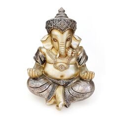 TEMPELWELT® Deko Figur Ganesha 21 cm, Polystein Champagner Gold antik-Silber, Elefantengott Statue sitzend, Hindu Gott Ganesh Elefant, Buddha Indien Asien
