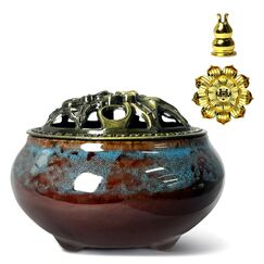 Keramik-Räuchergefäß, Schalenbrenner, Kegel-Räuchergefäß mit Messingdeckel zur Verwendung mit Stäbchen oder kegelförmigen Räucherstäbchen, Lotus-Räucherstäbchenhalter,