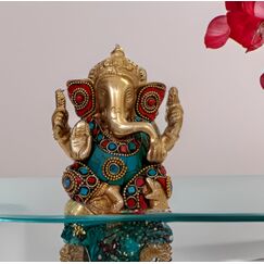 Purpledip Hindu Religiösen Gott Statue der Lord Ganesha (ganapathi Oder vinayaka) in Massiv Messing Metall mit Türkis Gem-Stone Work (10320)