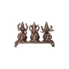 eCraftIndia Antique Finish Laxmi Ganesha Saraswati on Lotus Base Brass Showpiece (13 cm x 4 cm x 9, Brown)