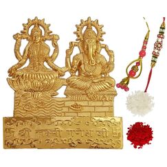 Purpledip Bhai Dooj Rakhi Hamper: Bhai Rakhi Armband, Bhabhi Rakhi (Lumba oder Latkan), Ganesha Lakshmi Statue, Roli Tika (rakhi84), Standard, Messing Kunststoff