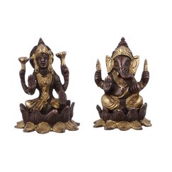 Purpledip Lakshmi Ganesha auf Lotusblume: Messingstatuen-Set in einzigartigem Kupfer-Gold-Finish; seltene Sammlung-Idole für den Heimtempel (10947)