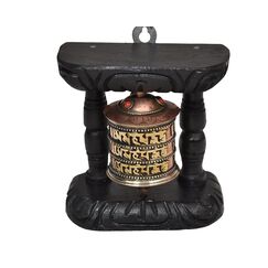 Dharma Store - Tibetisches Gebetsrad - Handgeschnitzt aus Holz und Metall: Om Mani Padme Hum. Wandmontage