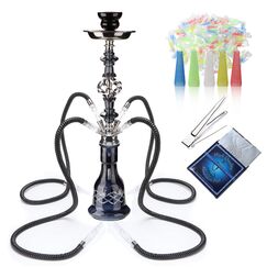 54,9 cm Shisha Komplettset 2-4 Schlauch Premium Shisha Set mit Glasvase, Keramikschale und Kohlezange Aschenbecher (4-schwarz)