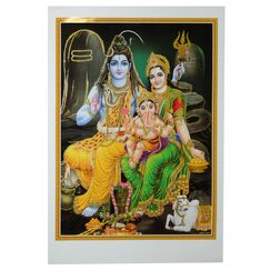indischerbasar.de Bild Shiva & Parvati mit Ganesha 50 x 70 cm Gottheit Hinduismus Kunstdruck Plakat Poster Gold Indien Hochglanz Dekoration