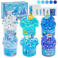 LAWOHO 6 Stück Farbverlauf Blau Slime Set enthält Fluffy Cloud Wolkenschleim, Clear Slime & Butter Schleim, Schleim Kinder Party Geschenk, Geburtstag Weihnachten Geschenk für Mädchen & Jungen(Ozeane)