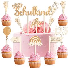 Humairc 2025 Tortendeko Einschulung 10tgl. aus Holz Junge Mädchen Schulkind Zuckertüte Cake Topper ABC 123 Cupcake Torte Deko Kuchendeko Schulanfang