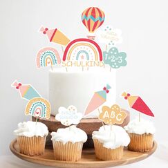 Tortendeko zur Einschulung, 12-teilig Regenbogen Schulanfang Cupcake Toppers, Schuleinf&uuml;hrung Kuchen Fondant Muffins Zucker Dekorationen, f&uuml;r Junge M&auml;dchen 1. Schultag Party Deko - Beidseitig Bedruckt