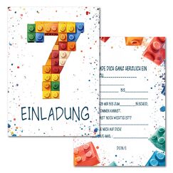 Vielucks 15 x Bausteine Einladungskarten - DIN A6 - Original - mit Aufkleber,Blocks Einladungskarten Kindergeburtstag M&auml;dchen Junge,Geburtstagseinladungen,Party deko,Einladung Einschulung (7 Jahre)