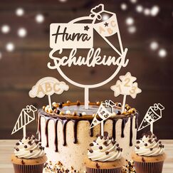 Schulkind Tortendeko, 6 STK Holz Tortendeko Einschulung, Hurra Schulkind Kuchendeko Schulanfang, Cake Topper Einschulung, Schuleinf&uuml;hrung Party Deko f&uuml;r M&auml;dchen Junge
