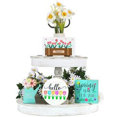 4 Stück Hello Spring Happy Easter gestuftes Tablett Dekorationen Bauernhaus Mini Holz Dekor Küche Dekor Etagere Tablett Dekor Frische Blume Zuhause 3DSchilder für Ostern Frühling Party Ebene Tablett